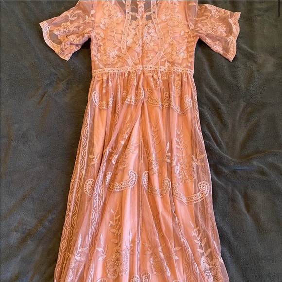 Light Pink Lace Mesh Overlay Maternity Maxi Dress - Picture 3 of 5